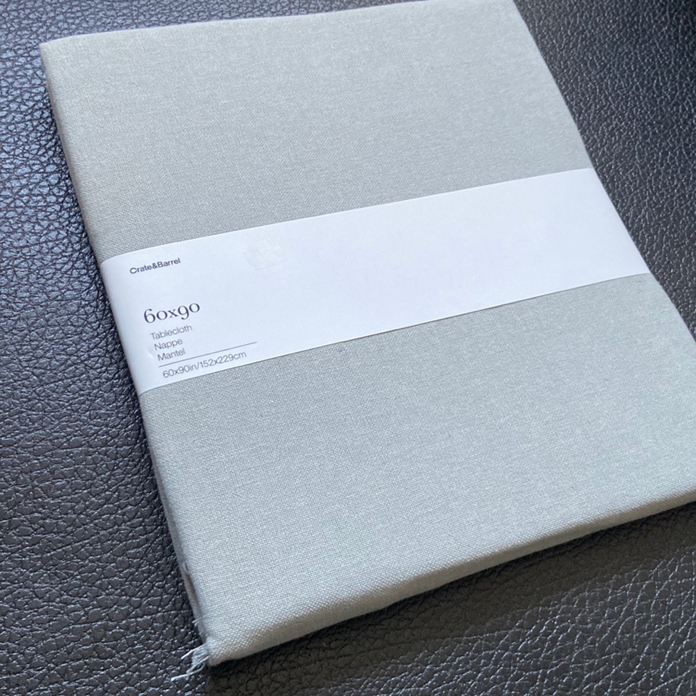 Crate and Barrel 60”x90” fringe tablecloth in gray/alloy